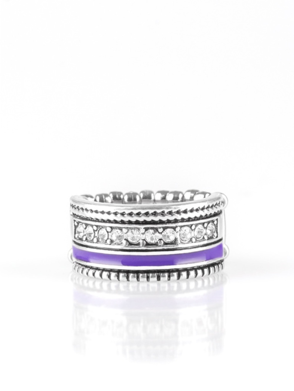 R-81 Sterling Silver Purple Band Ring with Crystal Accents